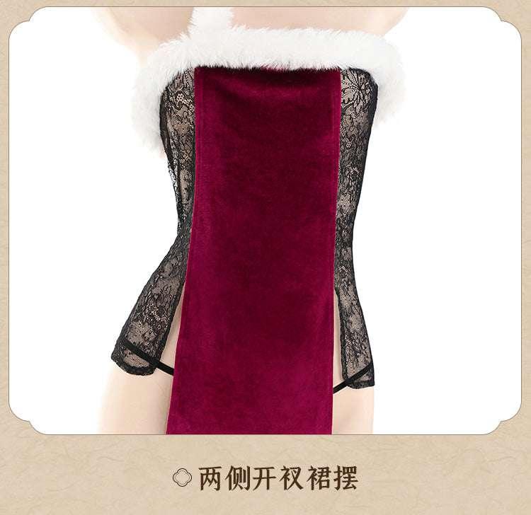 绒毛饰颈丝绒拼蕾丝旗袍 - Jiumiluxe啾咪情趣