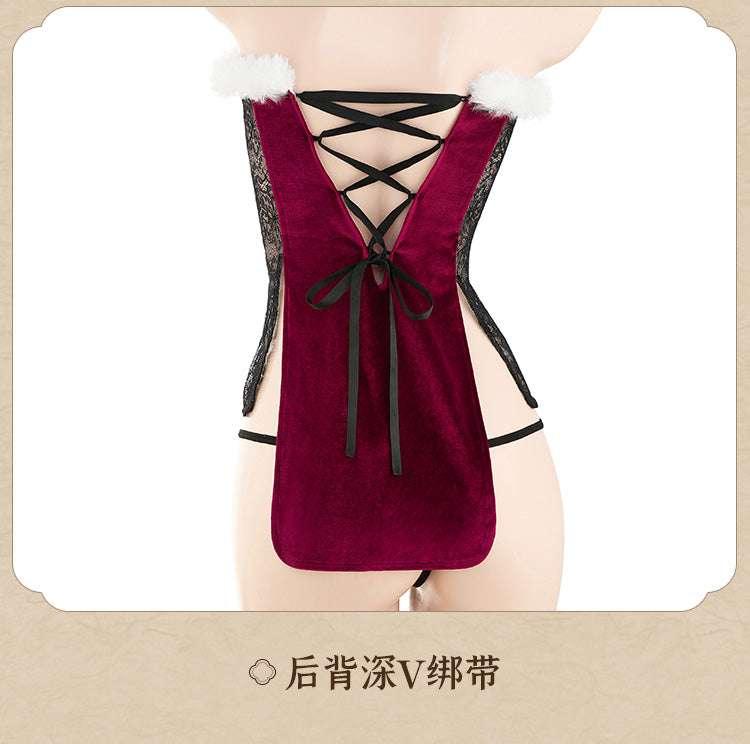 绒毛饰颈丝绒拼蕾丝旗袍 - Jiumiluxe啾咪情趣