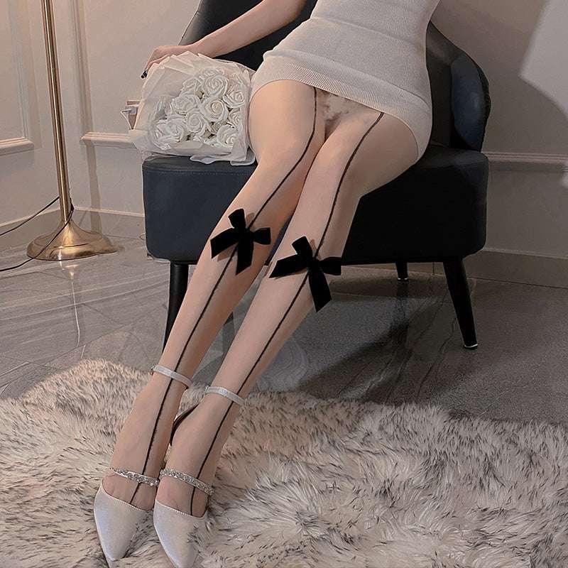 丝绒蝴蝶结开裆连裤丝袜 - Jiumiluxe啾咪情趣