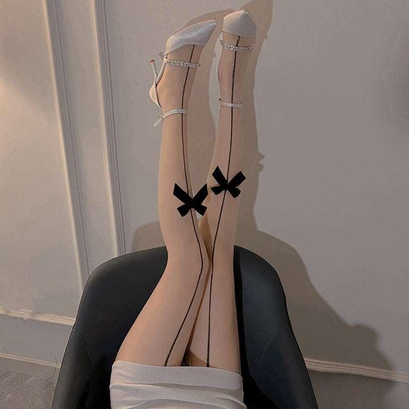 丝绒蝴蝶结开裆连裤丝袜 - Jiumiluxe啾咪情趣